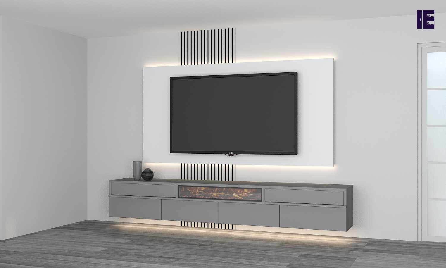 small wall mounted matt tv unit in dust grey  alpine white finish